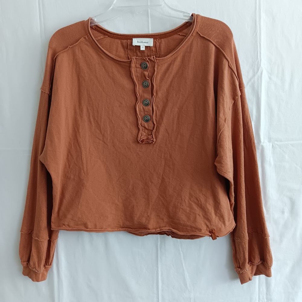 Böhme Henley Top Womens Medium Orange Ribbed Knit Ruffle Raw Edge